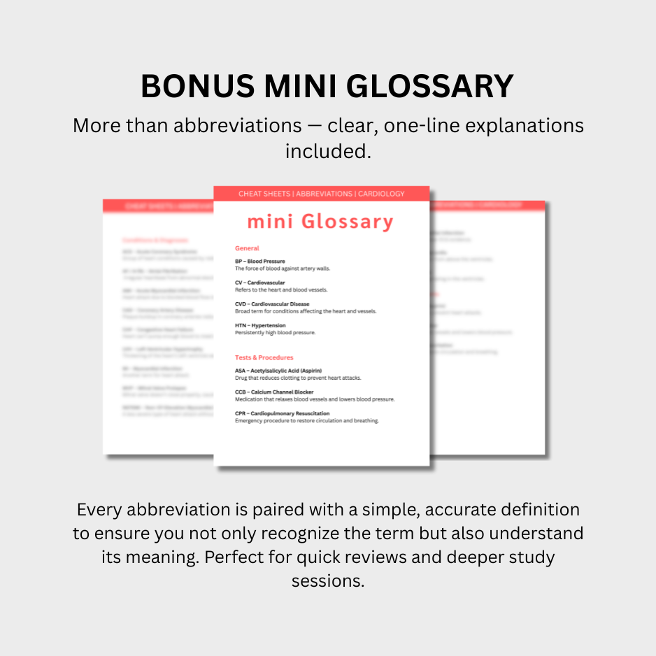 Cardiology Medical Abbreviations Cheat Sheets (Digital Download)