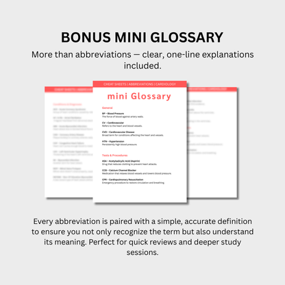 Cardiology Medical Abbreviations Cheat Sheets (Digital Download)