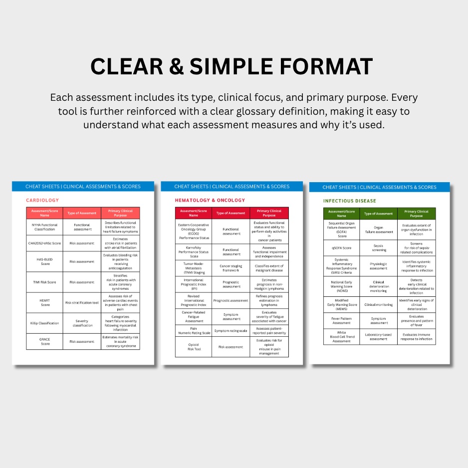 Clinical Assessments & Scores: Terminology Cheat Sheets (Digital Download)