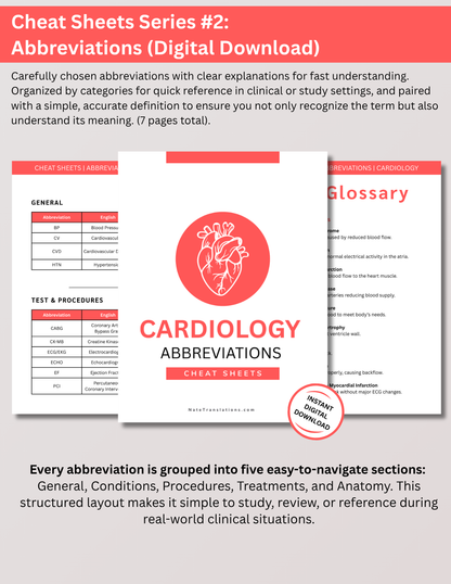 Cardiology Study Bundle: Reference Guide, Cheat Sheets & Quiz